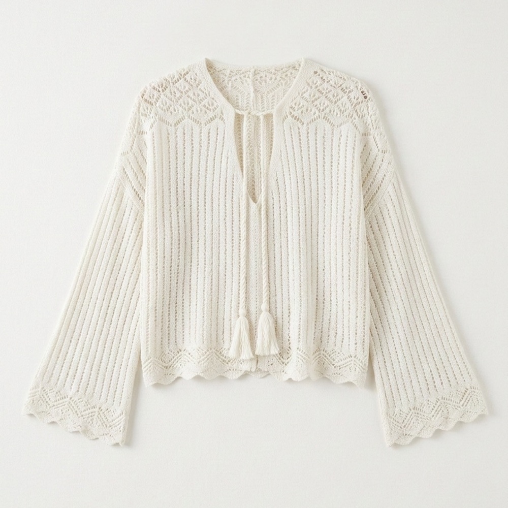 ⭐️2/50$ Vintage Boho Chic Pointelle Knit Sweater with Bell Sleeves